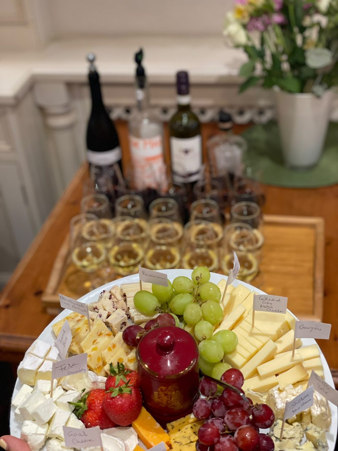 Cheese board with wine tasting glasses